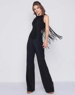 Mac Duggal Black White Red - 12168R Cascading Bead-Fringed Jumpsuit