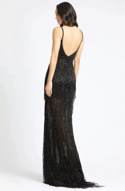 Mac Duggal Black White Red - 4738R Layered Fringe Deep V-neck Dress