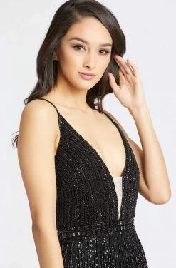 Mac Duggal Black White Red - 4738R Layered Fringe Deep V-neck Dress 11 Mac Duggal Black White Red - 4738R Layered Fringe Deep V-neck Dress