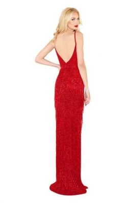 Mac Duggal Black White Red - 4738R Layered Fringe Deep V-neck Dress 15 Mac Duggal Black White Red - 4738R Layered Fringe Deep V-neck Dress