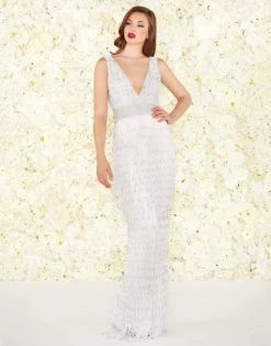 Mac Duggal Black White Red - 4904R Embellished V-neck Fitted Dress