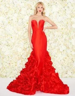 Mac Duggal Black White Red - 66581R Mikado Ruffled Mermaid Dress