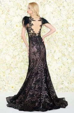 Mac Duggal Black White Red - 79230R Feathered Lace Mermaid Gown 12 Mac Duggal Black White Red - 79230R Feathered Lace Mermaid Gown
