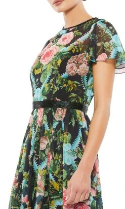Mac Duggal Cocktail - 9149D Short Sleeve Beaded Waist Floral Dress