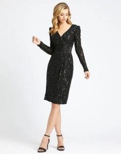Mac Duggal Evening - 4632D Puffed Long Sleeve Sequined Surplice Dress