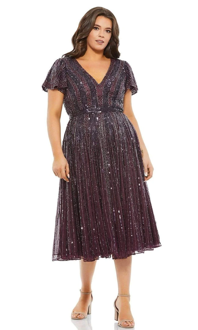 Mac Duggal Fabulouss - 5522F V Neck Embellished Tea Length Dress 3 Mac Duggal Fabulouss - 5522F V Neck Embellished Tea Length Dress