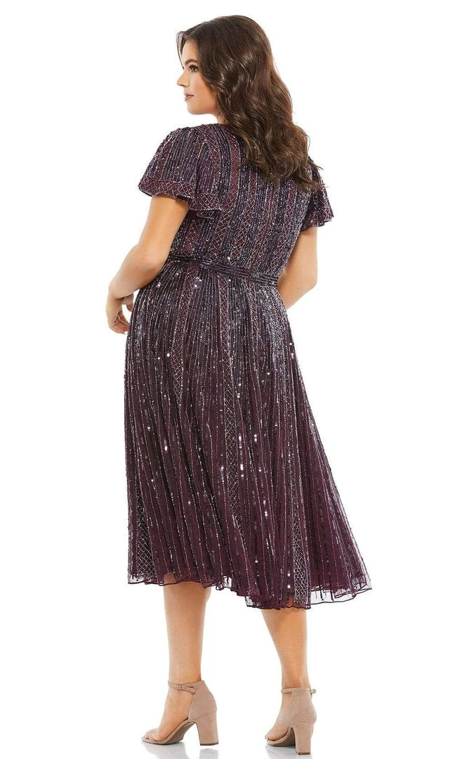 Mac Duggal Fabulouss - 5522F V Neck Embellished Tea Length Dress 4 Mac Duggal Fabulouss - 5522F V Neck Embellished Tea Length Dress