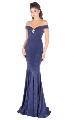 Mac Duggal Flash - 2091L Brooch-Accented Off Shoulder Glitter Gown