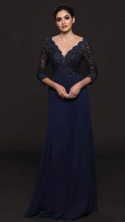 Marsoni By Colors - M225 Quarter Sleeve Scalloped Lace Gown