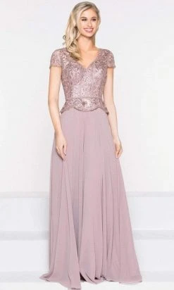 Marsoni By Colors - M243 Short Sleeve Embroidered Peplum Chiffon Gown