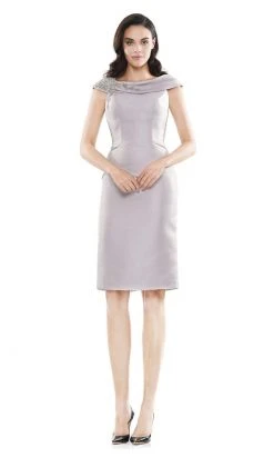 Marsoni By Colors - MV1058 Beaded Adorned Neckline Sheath Satin Dress