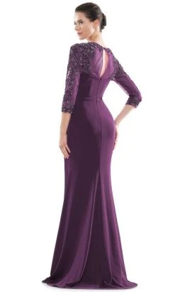Marsoni By Colors - MV1070 Beaded Sheer Sleeves V Neckline Slit Gown