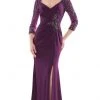 Marsoni By Colors - MV1070 Beaded Sheer Sleeves V Neckline Slit Gown