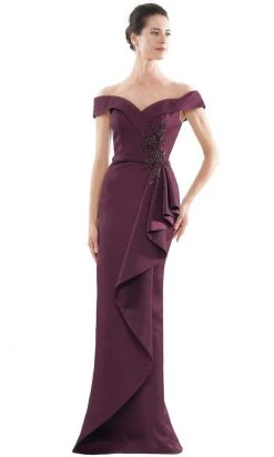Marsoni By Colors - MV1087 Off Shoulder Beaded Ruffle Accented Gown