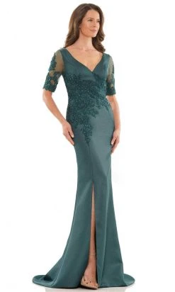 Marsoni By Colors MV1173 - Embroidered V-Neck Satin Formal Gown