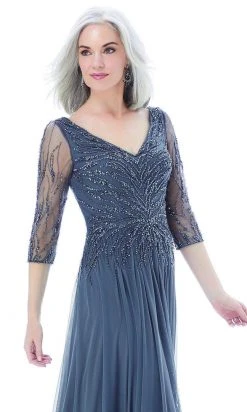 MGNY By Mori Lee - 72202 Sheer Quarter Sleeve Beaded Mesh A-Line Gown