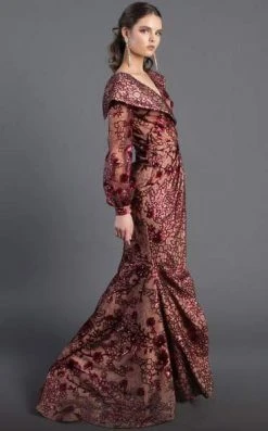 MNM COUTURE - 2417 Sequined Long Sleeve V-neck Trumpet Dress