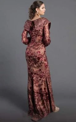 MNM COUTURE - 2417 Sequined Long Sleeve V-neck Trumpet Dress