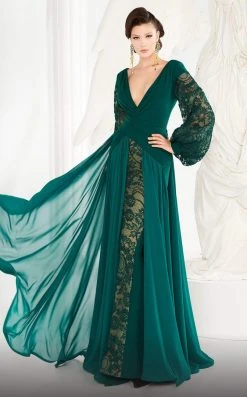 MNM COUTURE - 2551 Embroidered Lace Bishop Sleeve Surplice Gown