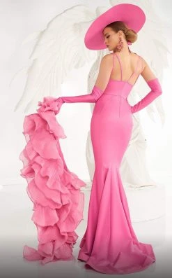 MNM COUTURE - 2575 Deep V-neck Trumpet Dress With Ruffled Shawl 6 MNM COUTURE - 2575 Deep V-neck Trumpet Dress With Ruffled Shawl