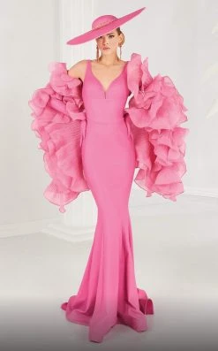 MNM COUTURE - 2575 Deep V-neck Trumpet Dress With Ruffled Shawl