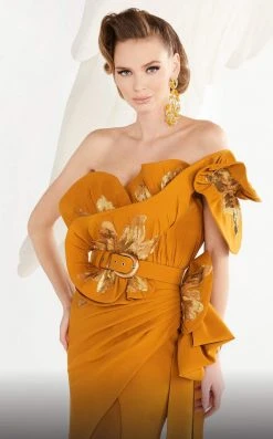 MNM COUTURE - 2579 Sequined Asymmetric Neck Fitted Dress