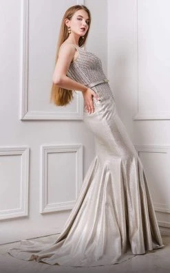 MNM COUTURE - F4211 Bead-Textured Metallic Mermaid Gown 8 MNM COUTURE - F4211 Bead-Textured Metallic Mermaid Gown
