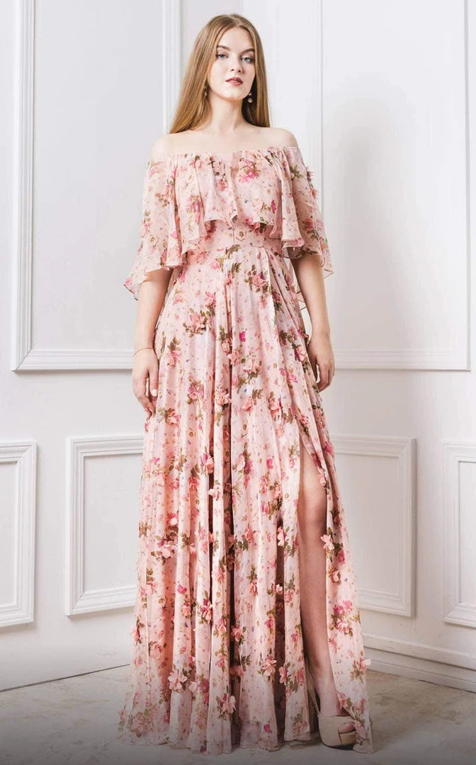 MNM COUTURE - F4468 Ruffle Flounce 3D Floral A-Line Dress With Capelet 3 MNM COUTURE - F4468 Ruffle Flounce 3D Floral A-Line Dress With Capelet