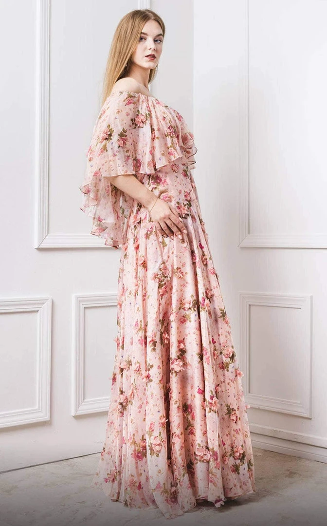 MNM COUTURE - F4468 Ruffle Flounce 3D Floral A-Line Dress With Capelet 5 MNM COUTURE - F4468 Ruffle Flounce 3D Floral A-Line Dress With Capelet