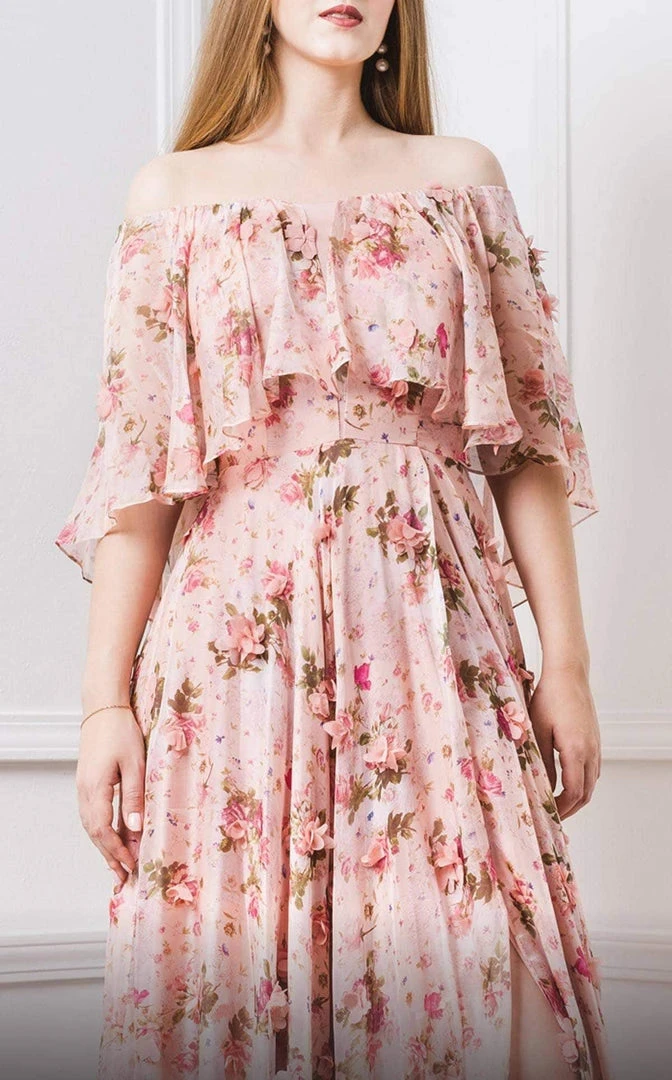 MNM COUTURE - F4468 Ruffle Flounce 3D Floral A-Line Dress With Capelet 6 MNM COUTURE - F4468 Ruffle Flounce 3D Floral A-Line Dress With Capelet