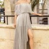 MNM COUTURE - F6205 Pleated Off Shoulder High Low Dress