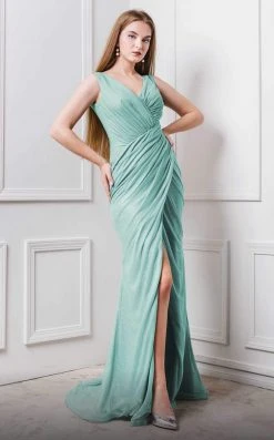 MNM COUTURE - F6265 V-neck Wrapped Trumpet Dress With Slit