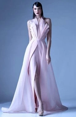 MNM Couture - G0924 Pleated Halter A-Line Evening Dress