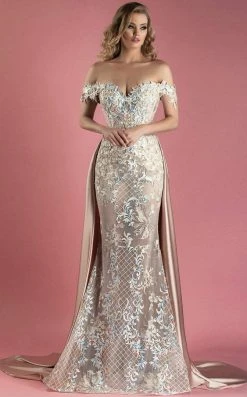 MNM Couture - K3556 Off The Shoulder Applique Gown With Overskirt