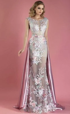 MNM Couture - K3557 Cap Sleeve Floral Applique Gown With Overskirt