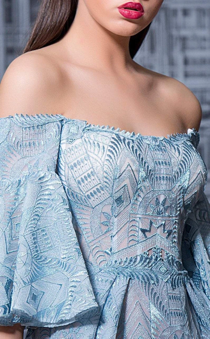 MNM Couture - K3588 Embroidered Off-Shoulder Bell Sleeve Sheath Dress 5 MNM Couture - K3588 Embroidered Off-Shoulder Bell Sleeve Sheath Dress