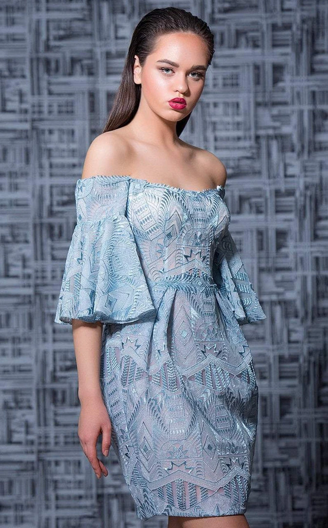 MNM Couture - K3588 Embroidered Off-Shoulder Bell Sleeve Sheath Dress 3 MNM Couture - K3588 Embroidered Off-Shoulder Bell Sleeve Sheath Dress