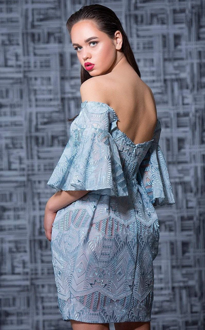 MNM Couture - K3588 Embroidered Off-Shoulder Bell Sleeve Sheath Dress 4 MNM Couture - K3588 Embroidered Off-Shoulder Bell Sleeve Sheath Dress