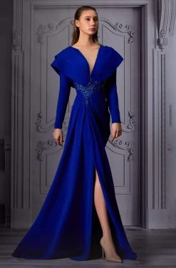 MNM COUTURE - K3852 Pleated Long Sleeves Dress With Slit