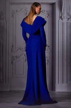 MNM COUTURE - K3852 Pleated Long Sleeves Dress With Slit