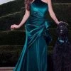 MNM COUTURE - L0038 Asymmetrical Choker-Style Wrap Velvet Gown