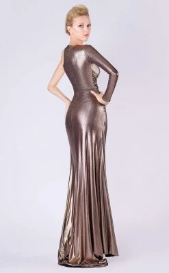 MNM COUTURE - L0049A Long Cutaway Bodice High Slit Metallic Gown