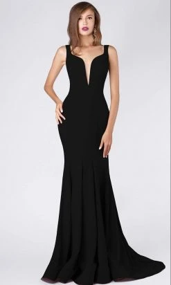 MNM COUTURE - M0008 Illusion V Neck Crepe Trumpet Evening Gown
