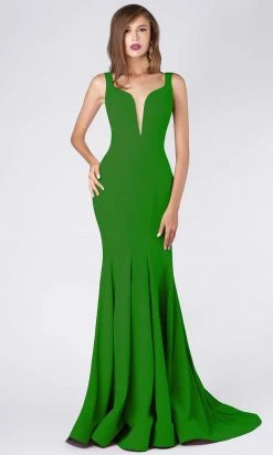 MNM COUTURE - M0008 Illusion V Neck Crepe Trumpet Evening Gown