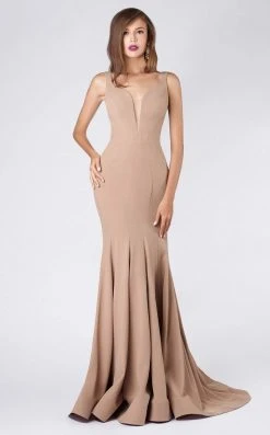 MNM COUTURE - M0008 Illusion V Neck Crepe Trumpet Evening Gown