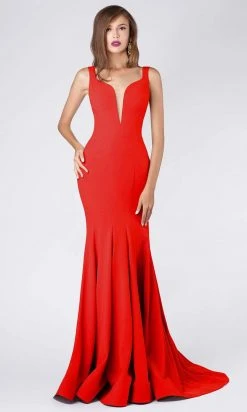 MNM COUTURE - M0008 Illusion V Neck Crepe Trumpet Evening Gown