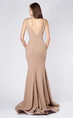 MNM COUTURE - M0008 Illusion V Neck Crepe Trumpet Evening Gown