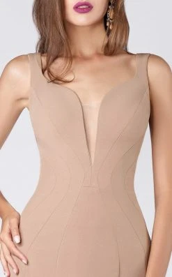 MNM COUTURE - M0008 Illusion V Neck Crepe Trumpet Evening Gown