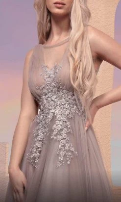 MNM COUTURE M0095 - Floral Applique Tulle Evening Dress