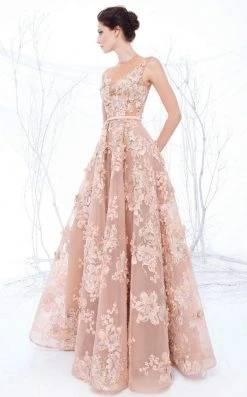 MNM Couture - N0194 Floral Embroidered Illusion Pleated Gown